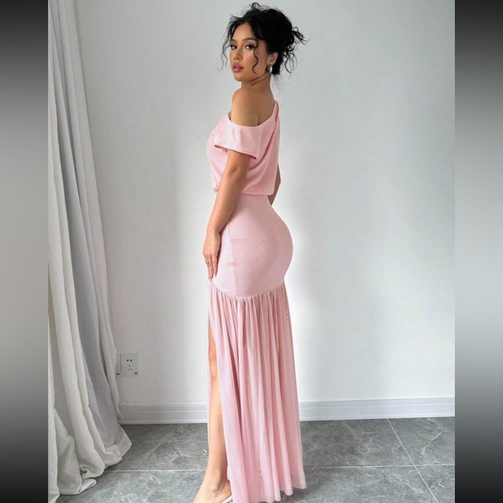 Summer Elegant Solid Color High Slit Oblique Shou… - image 4